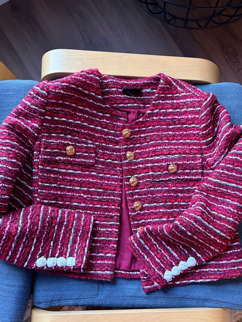Vici Red Multicolor Tweed Cropped Jacket with Gold Buttons